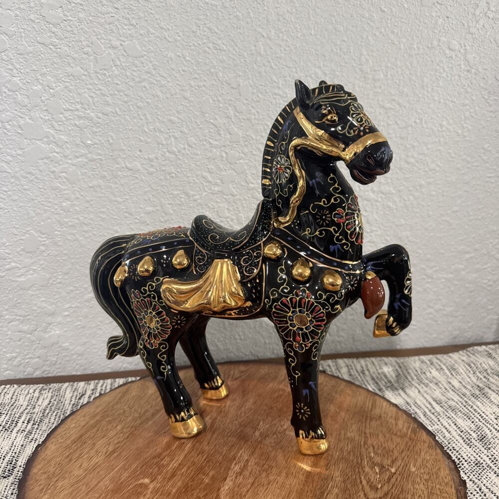 Rare Vintage Moriage Horse Statue 12" Black & Gold Oriental Porcelain Sculpture